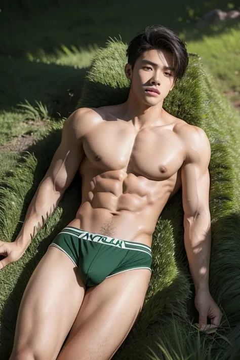 Create a realistic 64k background image of a grassy hillside, lush green grass, soft sunlight on a cloudy day. Low-angle portrait of a Vietnamese teenage male with short hair, handsome sharp features, tanned skin, defined chest and abdominal muscles, a ton...