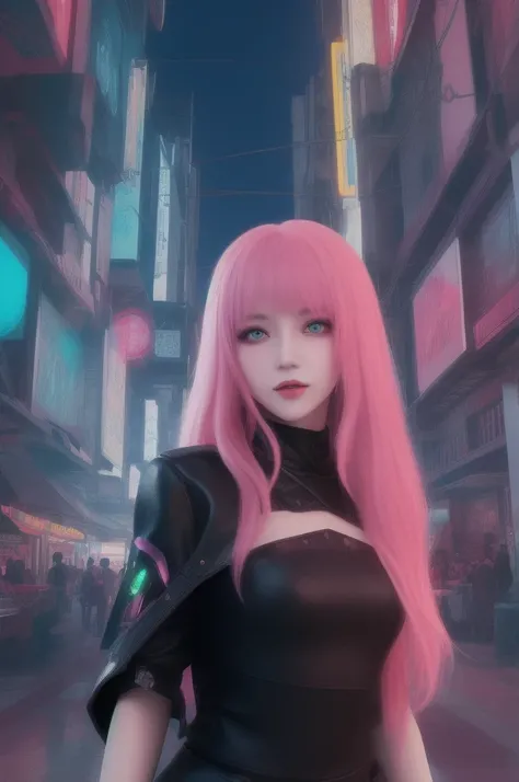 ((Highest quality)), ((masterpiece)), (detailed), Perfect Face, Beautiful woman with long pink hair and sky blue reflections, She has tufted bangs, She has green eyes in a cyberpunk city with sky blue lights, She was dressed in all black、It has neon pink l...