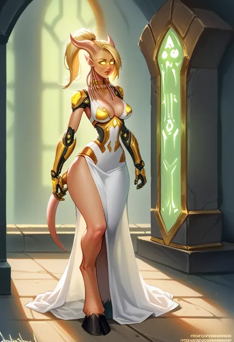 A hybrid draenei bloodelf woman with long pointy ears and draenei horns, a long tail, large breasts, narrow waist, wide hips, cyborg body part with liquid armor, white dress, glowing gold eyes, gold tinted skin, gold hair, facial tattoos, gold necklace and...