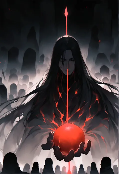 black haired, cold looking man, long hair, majestic features, countless bodies and graves behind him, holding a bloodied sword in his right hand, and a red ball of energy in his other hand.