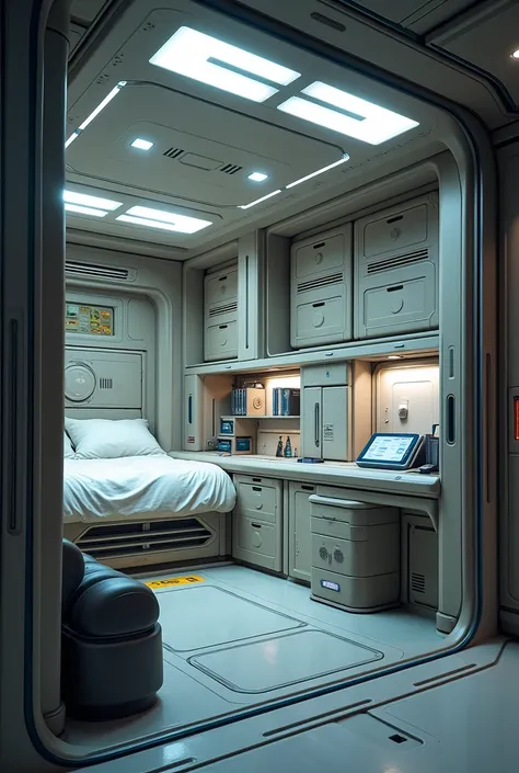 A room on a spaceship with facilities, a food locker, and a storage locker. 