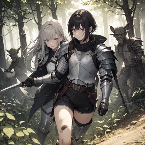 A female knight, (in the forest), Wearing armored clothing, Metal Armor, night, detailedface, , shorts, surrounded by goblins, Various weapons, dirty