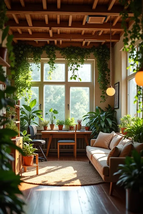 Create a YouTuber studio with a cozy atmosphere and plants