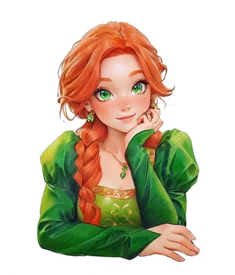 a drawing of a girl with long red hair and a green dress, portrait of princess merida, Disney art style, with red hair and green eyes, no art style by bowater, princess portrait, she has long orange brown hair, personagem da disney, Disney art style, portr...