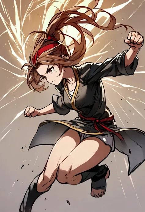 Create a dynamic anime-style illustration of a cute female martial artist performing a powerful jumping punch. She has long, flowing hair tied back with a red headband that trails behind her, and her expression is fierce yet adorable. 

She wears a traditi...