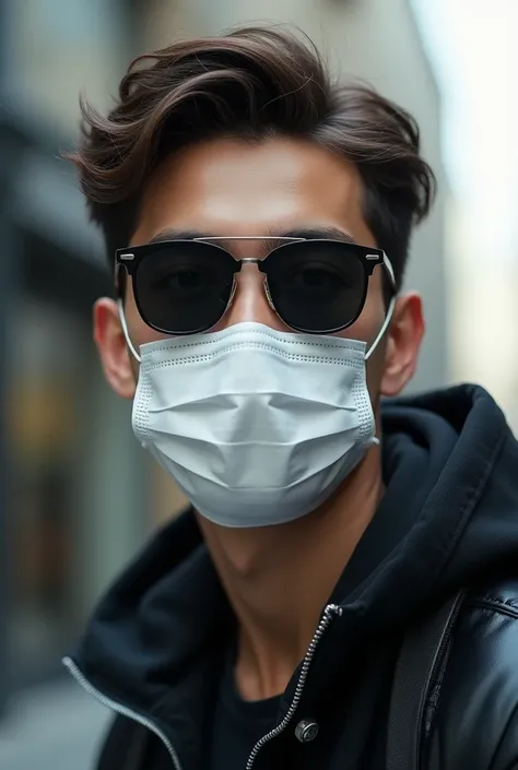 A young man wearing sunglasses and a white disposable mask