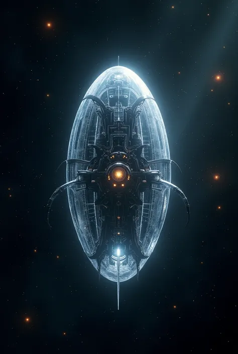 A high-quality, clear, science fiction, interstellar, oval, hollow, insectoid mothership surrounded by stars