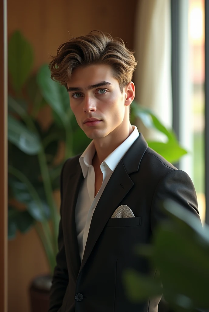 (photorealism:1.2), handsome boy, in his twenties, fair white complexion, standing,  mirror selfie, wearing a suit, messy quiff hairstyle, indoors, soft lighting, plants in background, window with sunlight, seminar hall, relaxed pose, realistic, intricate ...