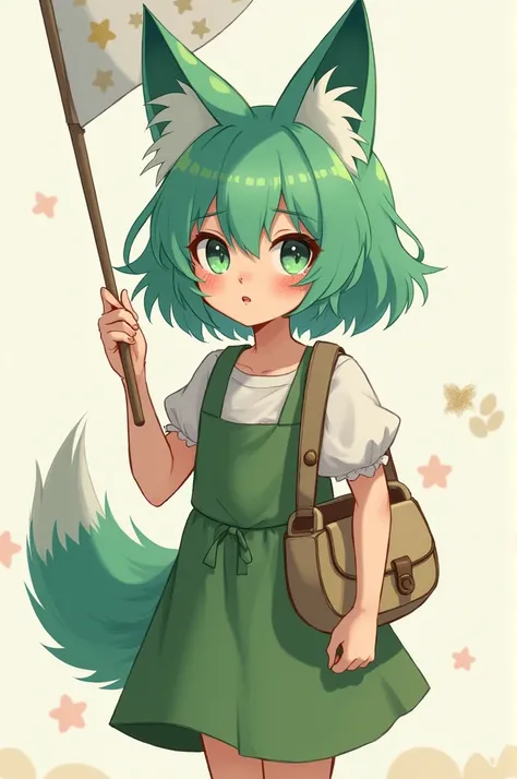 A girl with green hair, drooping fox ears, a bag slung over her shoulder, holding a small white flag, and the shape of a paper doll reflected in her eyes.