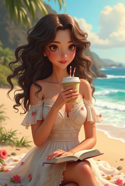 Animated Ethereal woman with curly hair, wearing off shoulder bridgerton, floral dress while sipping iced coffee and writing in a diary in the beach side