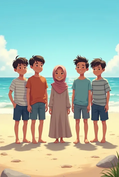 Quintuplets ( 4 boy 1girl ( hijab girl ) the girl in the Middle and 2 boy on left the girl and 2 more boys on the right girl. the quintuplets Seeing the beach. Image in Back. Height the girl : 150cm, the first boy : 180 cm. Sec boy : 180cm. Third boy : 180...