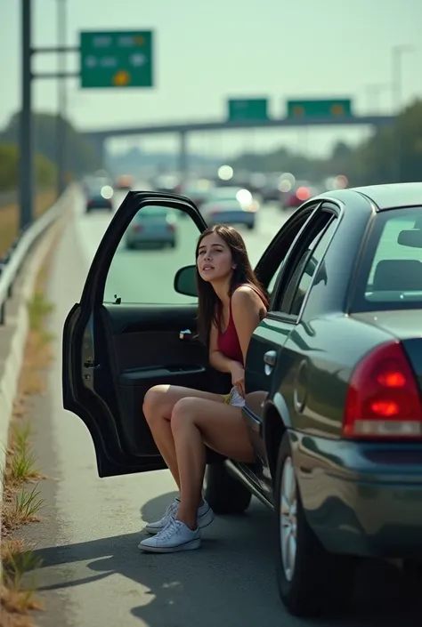  
(A teen girl can’t hold it anymore) (she made parents pull over the car in from of traffic to pee) (Realistic) peeing very urgently at side of the freeway) ( sitting on car with the open car door to hide herself