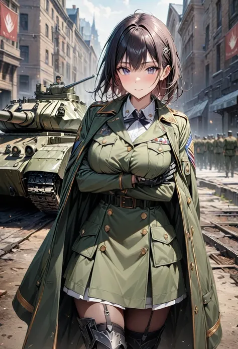 Army dress, breast hold, (masterpiece:1.2), best quality, high quality, Highres, (hyper detailed), commemorative photo, detailed background, Armored Tank,