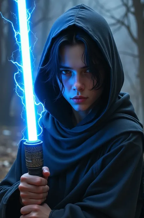 A guy with medium length hair with a hood holding an indigo coloured lightsaber