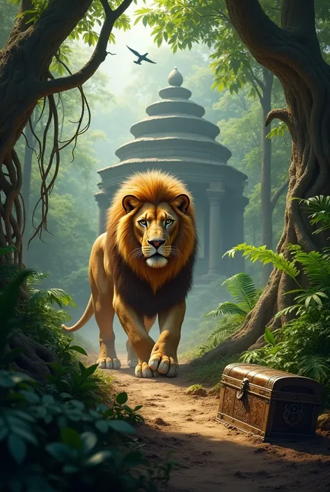 
As the lion wandered deeper into the jungle, he found himself near the ancient temple. He caught a strange scent in the air, something he had never smelled before. Curious, he pawed at the ground, uncovering an old treasure chest buried beneath the earth....