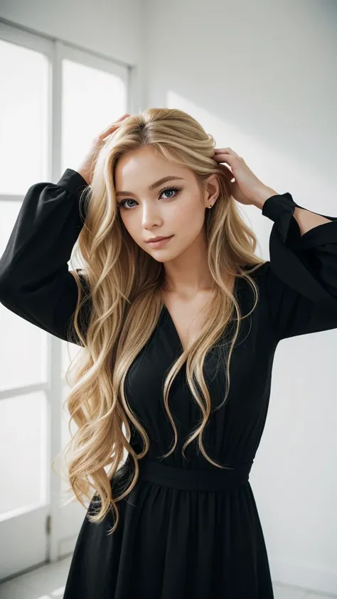 A blonde woman with long wavy hair, wearing a black dress, perfect makeup. She is standing with her hands behind her head. The background is a bright room with white walls and lots of natural light. The woman is in profile, has a serene expression and look...