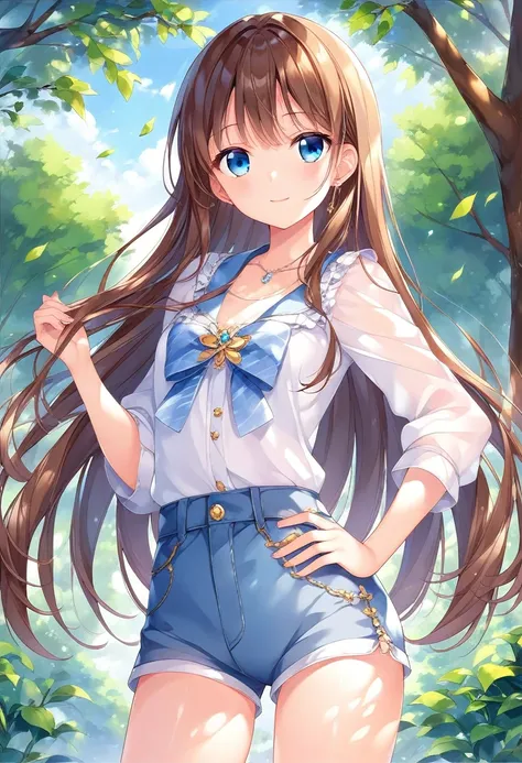 semi-long and blue、blue eyes、beautiful girl、smiling、a middle school girl with slanted eyes、a light jumper and shorts、tall、mid-ch...