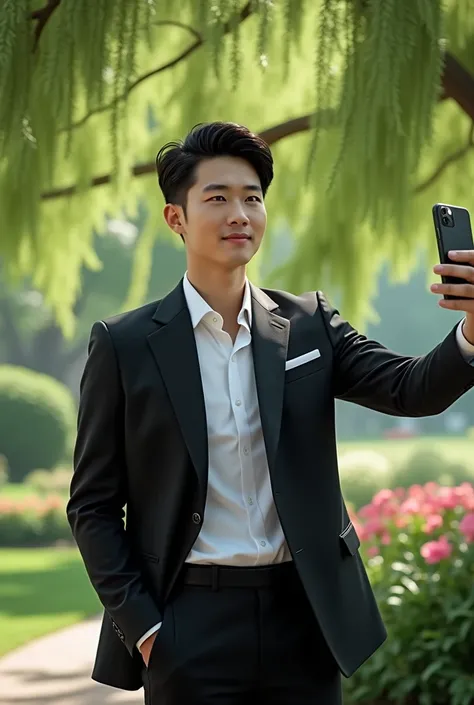 handsome korean guy in all black suit, black semi pompadour hairstyle, selfie, outdoors, in garden, under a tree, realistic and ameture