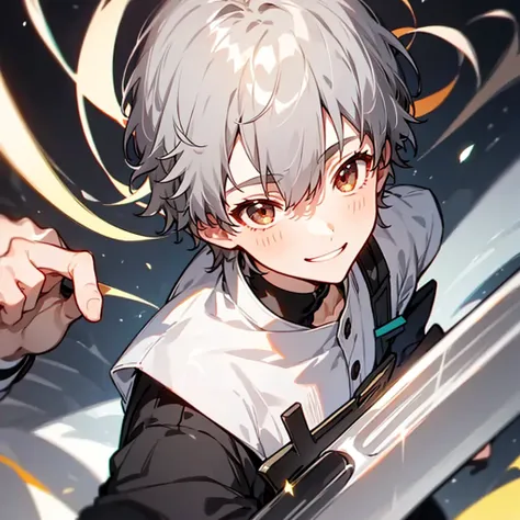 silver hair、male、smile, bangs, 目の間のbangs, highest quality, smile, uniform