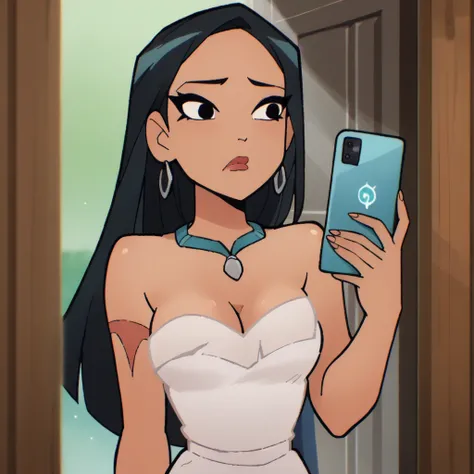 score_9_presence, score_8_up, Pocahontas, wrapped in towel, medium breasts, cleavage, holding phone
