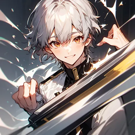 silver hair、male、smile, bangs, 目の間のbangs, highest quality, smile, uniform,smooth hair、solo,