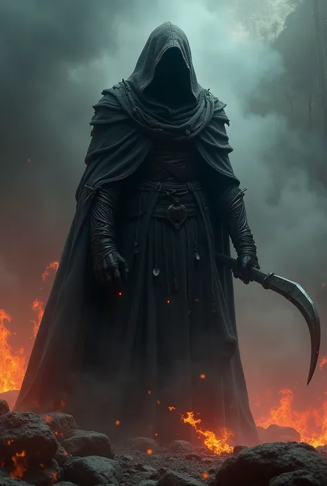 (((Very detailed, Ultra-realistic, 8k, High resolution, masterpiece))),giant god of death,Shabby cloak,fire,lightning,Black Smoke,Sickle(((Random Pause))),