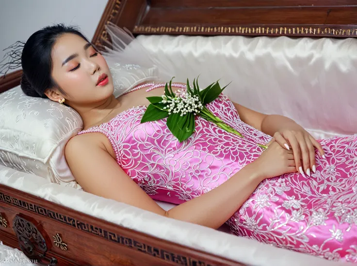 in a striking 8k hdr scene, a stunning korean woman, 22 years old, lies peacefully in a long coffin and coffin lid beside the de...