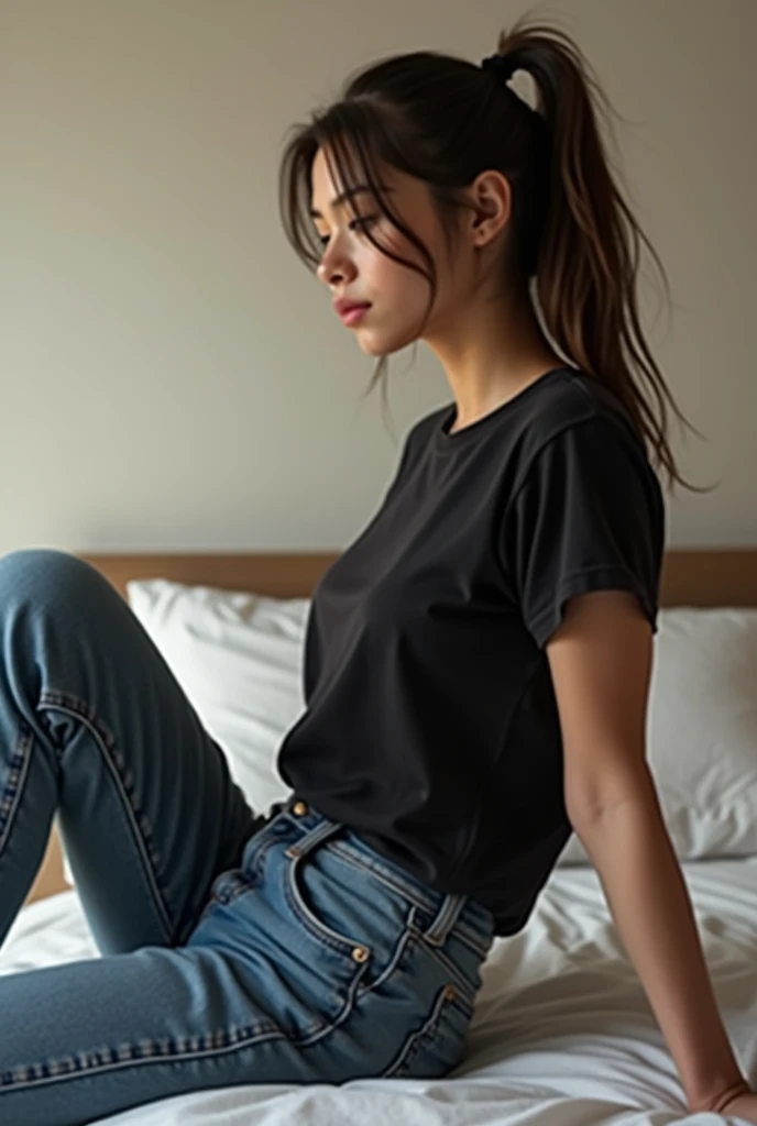 22 year old American girl wearing plain black tight tshirt and jeans hairstyle pony sitting on bed side pose