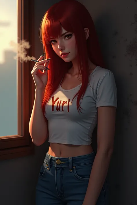 beautiful woman,  wearing a t-shirt with Yuri writtenon it, jeans, long straight red hair, soft lig, smoking cigarettes, ai , intricate details, hard lighting 