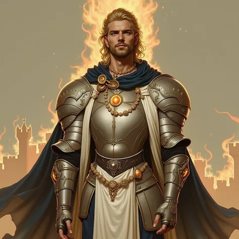 A tall, muscular male renaissance knight with long, messy, curly golden brown hair. He has hazel eyes and he is smiling. He is wearing tight, skimpy silver armor with a indigo cape, indigo thong, and indigo gloves. He has a bulge, he has big nipples, and h...