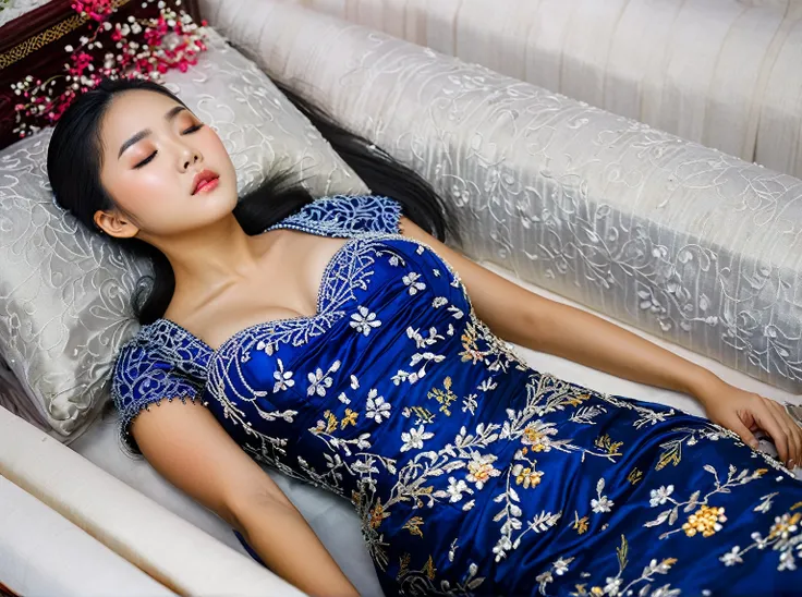 In a striking 8K HDR scene, a stunning Korean woman, 22 years old, lies peacefully in a long coffin and coffin lid beside the dead body. surrounded by plush pillows behind head. The deep box is set against a rich white background, accentuating the beauty o...