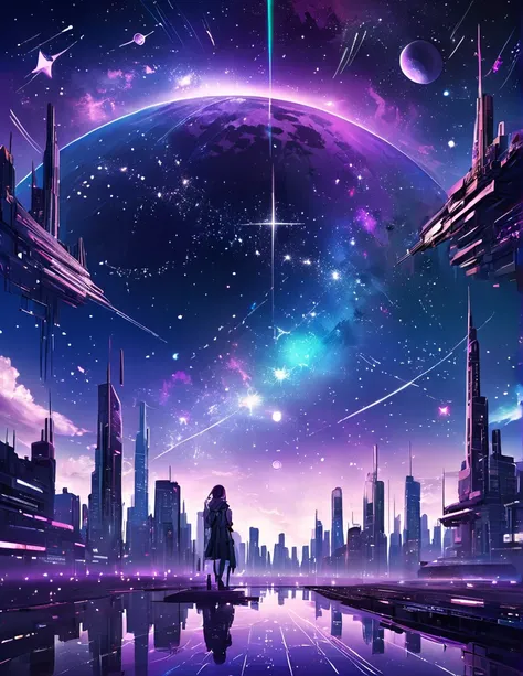 starry sky with the constellations of the zodiac, shades of purple as if they were nebulae, vast space, cyberpunk city at the bottom,  