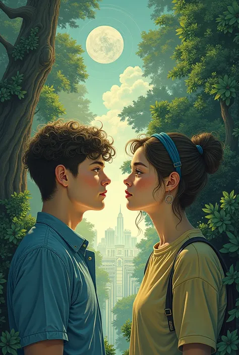 "A surreal illustration of two young people, David and Anna, in a dream landscape, connected through a visual nexus like a thread of light, with David in an urban setting and Anna in a natural environment. Evocative and dreamy style, suggesting their deep ...