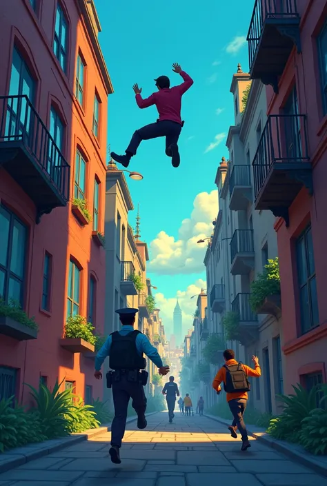 Make an illustration about: two guys who are hacking something and the police discover them and they start running away one jumps out the window and the other goes out the door do everything in Disney format do the police and the guys 