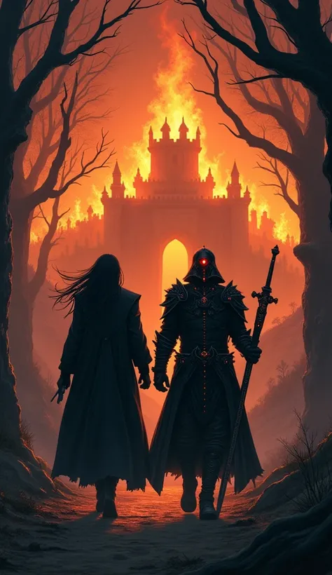 "A cinematic illustration capturing the moment when Voltex and Valis, two powerful warriors, leave behind a distant flaming castle as they approach the entrance to a dark, ancient forest. Voltex, dressed in a long black coat and a noble white shirt, walks ...