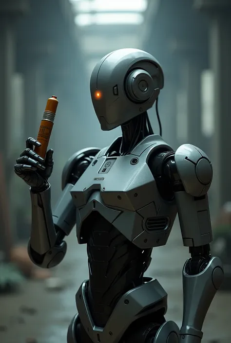 A robot holding a crappy e-cigarette