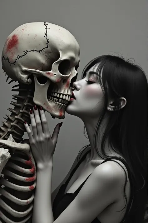 an image of a woman kissing a skull, in the style of andreas rocha, japanese-inspired art, gothic references, strong sense of realism, gray and crimson, anime-inspired character designs, black and white portraits --ar 35:64 --stylize 750 --v 6