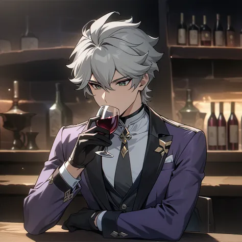 wise from zenless zone zero, 1boy, drinking wine, light grey hair, souma shiki hair, dark green eyes, handsome face, purpurple s...