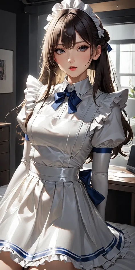 Portraiture、(masterpiece,Highest quality,Ultra-high resolution),Japanese women, (((Very beautiful 25 year old girl))),(White latex maid outfit)、(White latex long skirt)、(A long-sleeved white latex shirt covering the upper body)、White latex long gloves、Whit...