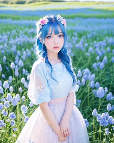 a girl standing in a light blue flower field, surrounded by light blue flower petals, full body, blue haired girl, light blue hair, fantasy, dreamy, snowy, official art, pop art, profile, ultra detailed face, ultra detailed eyes, light blue flower field, u...