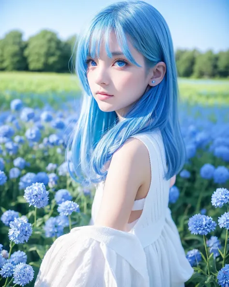 a girl standing in a light blue flower field, surrounded by light blue flower petals, full body, blue haired girl, light blue hair, fantasy, dreamy, snowy, official art, pop art, profile, ultra detailed face, ultra detailed eyes, light blue flower field, u...