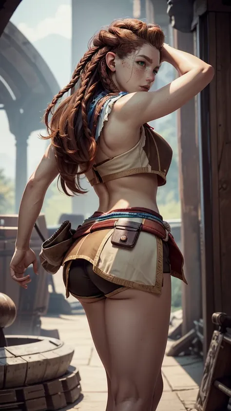 Aloy in armor made from salvaged machines, scantily clad, incomplete armor, midriff showing, pole vaulter physique, thighs showing in booty shorts, brown hair, red hair, braids, light freckles, hands behind head and showing armpits