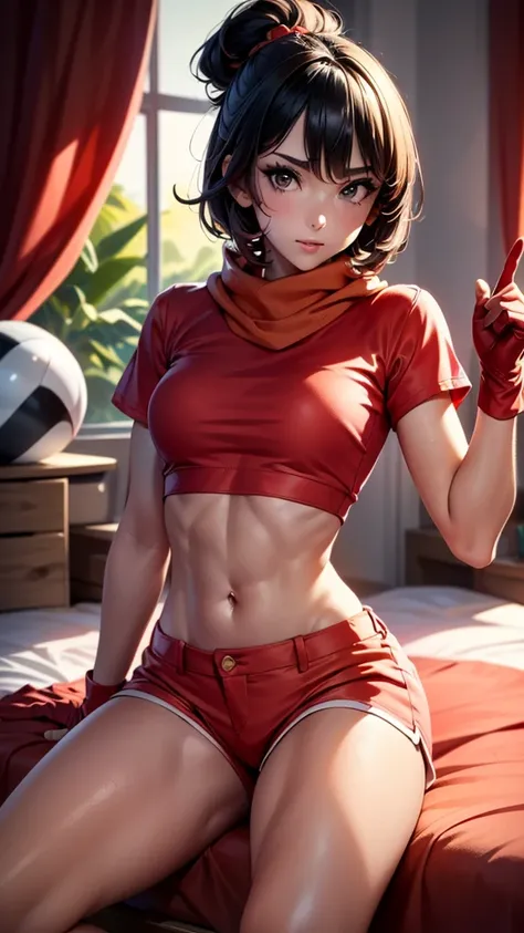 (((best quality 32k))), (((maximum quality32k))), photorealistic, (((perfect anatomy))), (((perfect face))), perfect eyes, (((pandballgt))), 1 girl, black eyes, black hair, short hair, orange scarf, (((shorts))), half-finger gloves, (((red shirt, crop top)...