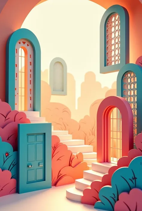 Create an image with a paper cut animation of many colorful doors floating 