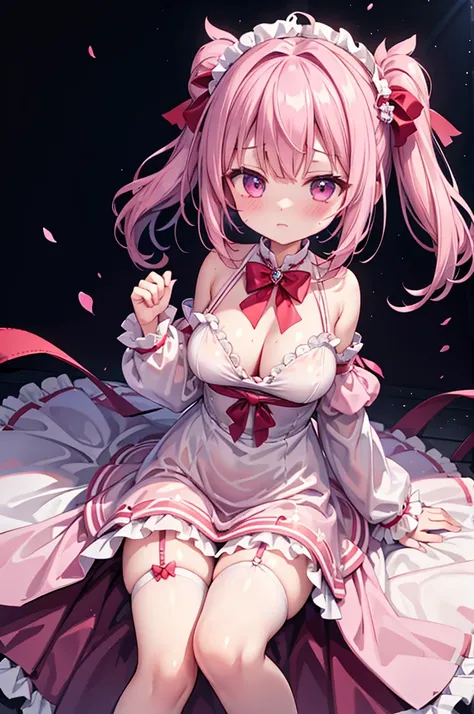 Highest quality、ruffle dress、Shiny silk pink princess dress、micro mini length skirt、Huge red bow with diamonds、Big Puff Sleep、Fancy costumes、garter belt、White over-the-knee socks、Flushed Cheeks、Embarrassed look、panic、Big Breasts、Waterlogged、See-through、Str...