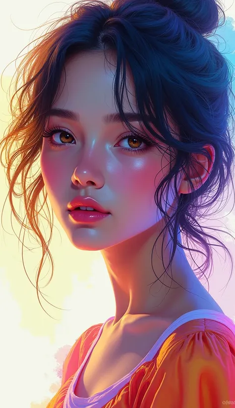 Colorful beautiful woman: a giru 20-years old, messy hair, oil painting, nice perfect face with soft skinice perfect face, blue yellow colors, light purple and violet additions, light red additions, intricate detail, splash screen, breasts:nsfw:1.3, 8k res...