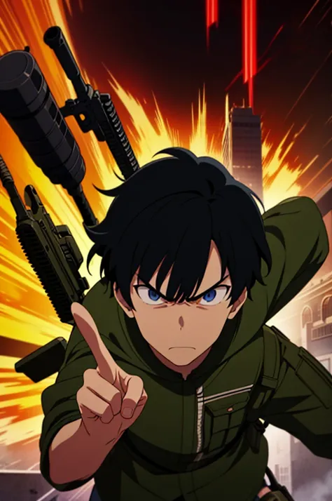 1 boy, black hair, angry boy, angry face, super serious face, closed mouth, perfect hands, pointing gun, single shot, zoom camera, grenades , lots of guns, bombs, weapons, rifles, mines, land of wars
, anime_coloring,anime_keyvisual, colorful,vivid