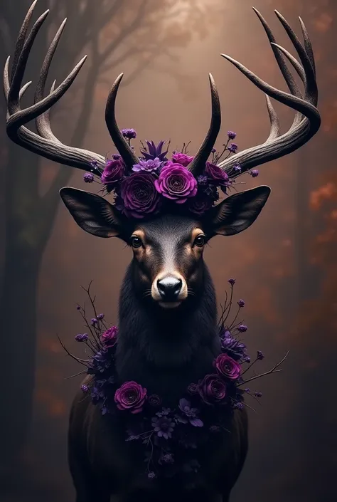 Create only  deer head with Roses in purple and black,mystical warm touch,gothic