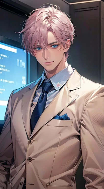 (Highest quality,4K,8K,High resolution,masterpiece:1.2),Super detailed,(Realistic,photoRealistic,photo-Realistic:1.37),1 person,31 years old,Mature Men,Beautiful skin、very handsome,Expressionless,smile,Short gray pink hair,blue eyes,Sharp Eyes,A perfect fa...