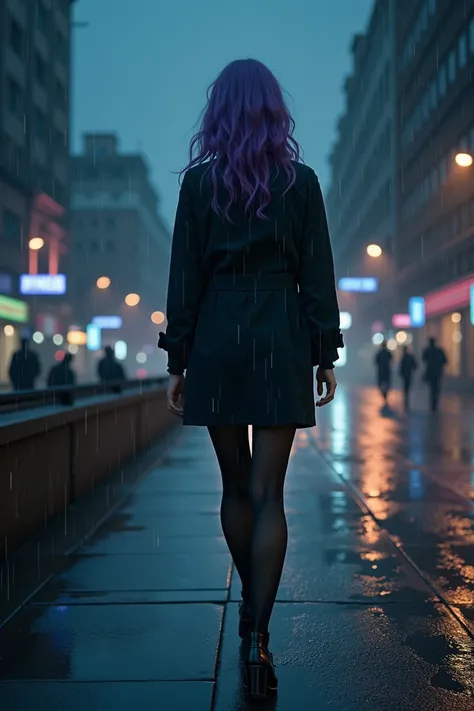 (1 girl), masterpiece, photorealistic, 8 K, (realistic: 1.2), whole body, I look at the viewer, tights, purple hair, (Kafka: 1.2), to walk, beauty, (medium breast: 1.2) night, night sky, city, cityscape, rain, (dramatic: 1.2)